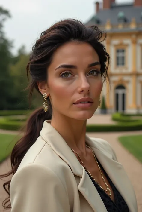 40-year-old young lady, Wrinkle-free in front of a mansion wearing chic brunette Chanel hair 