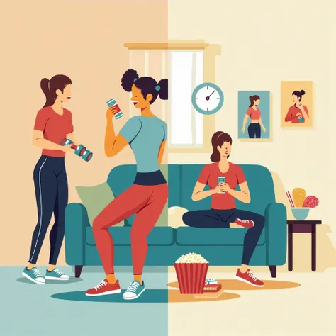  A graphic illustration divided in half . on the LEFT side,  a stylized woman in a gym environment , Lifting weights, com workout clothes,  representing good habits and a healthy lifestyle . On the right side,  the same stylized woman on a couch , holding ...