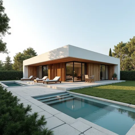 medium-sized, discreet, luxurious house of 100m², modern, single storey, flat facade, flat roof, mix of wood and white stone materials, no floors, no garden, holiday home, Mediterranean home, neo colonial