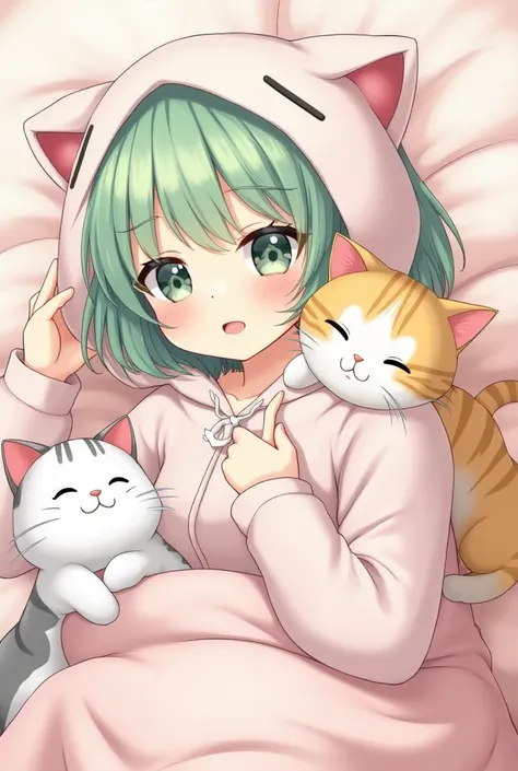 Girls with cat ears have pastel green hair and short hair is fluffy、Wear a thin-haired 、 Wear a cat hoodie and place the cat on your head and lie down sleepy on the bed、 high image quality model,  anime style、There are lots of cats around 、 so sexy that I ...