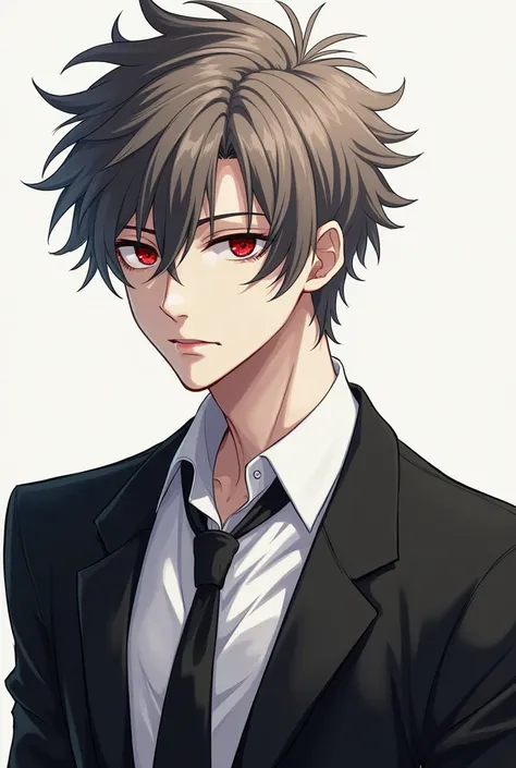  Creates the oil image ,  in the fanart anime style with the following characteristics :
 a 20-year-old man , Tall with an athletic body, with white white skin,  spiky and slightly messy hair, Red eyes with a serious expression, wearing white dress shirt w...