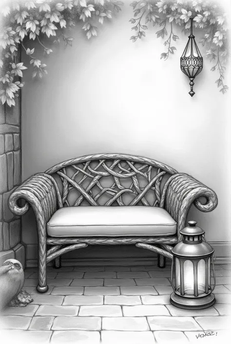 Drawing of a basket bench and lantern in pencil in perspective 