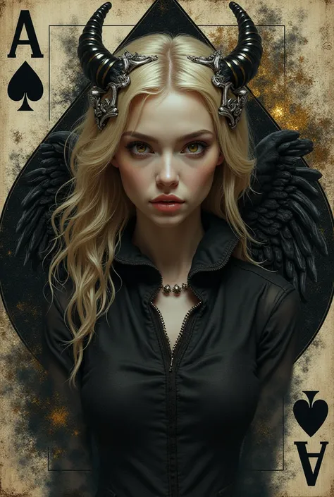 Create for me an image with a card of spades background with a blond mixed woman with brown hairline with brown eyes in the middle of the card which is put angel put demon 