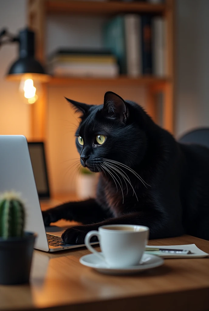 " An elegant black cat is sitting in front of a laptop ,  with its front legs on the keyboard as if typing .  The setting is a well-organized office desk ,  with a small cactus next to the computer and a cup of coffee next to the cat.  He stares intently a...