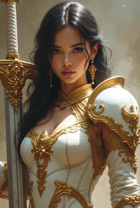 beautiful filippino woman, paladin, white and gold armor, carrying greatsword, close up