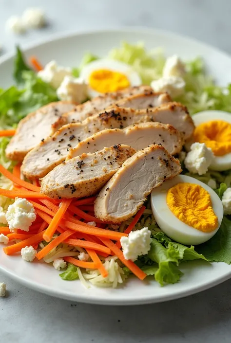  Salad dishes with eggs, fromage, Chicken breast , mixed shredded carrot lettuce