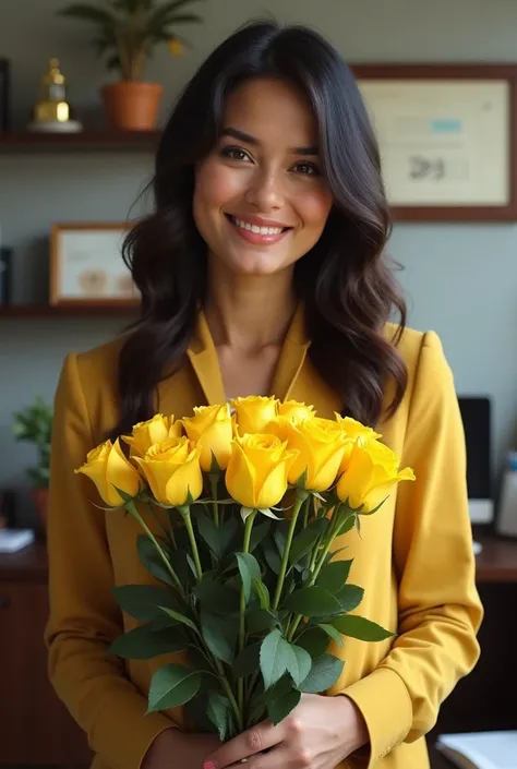 Not so beautiful Colombian woman smiling holding a bouquet of yellow roses in her office 