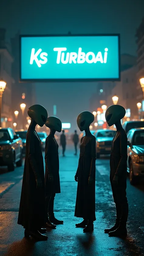 A group of alien creatures, Some male and some female with flat heads, 2 black eyes ,   rapper style , Talking in a small square at night, Illuminated square, cars and motorcycles parked near them and on a deep wall are written on an LED screen "KS TURBOAI...