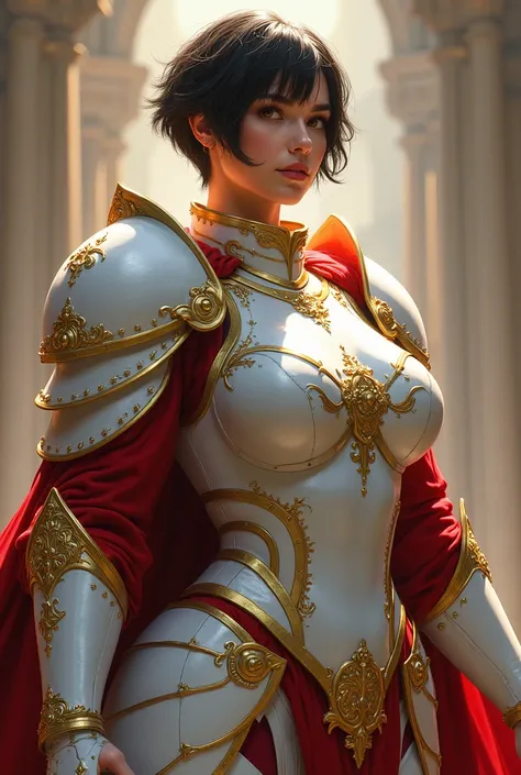 beautiful white woman, extremely fat, paladin, white, red, and gold armor, close up, pixie cut