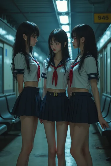  beautiful three beautiful slender slut in an eskolar uniform, Thong and sad in a train room 