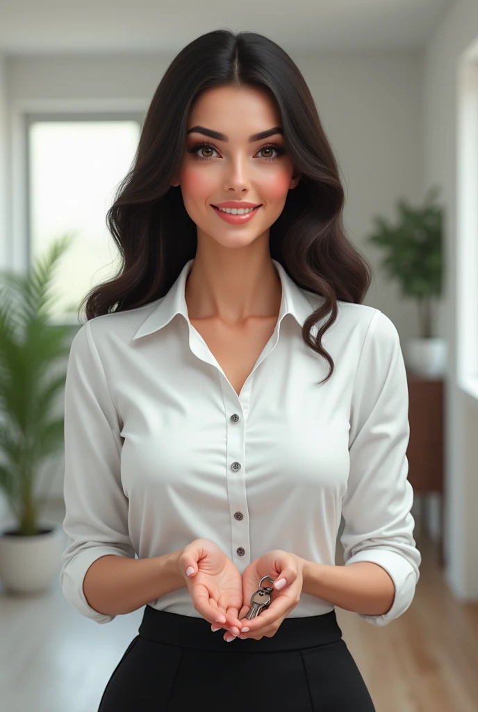 Create a realistic and beautiful Brazilian female character handing over keys to a client. She should have a friendly, professional appearance, with long, dark hair styled elegantly. Her head should be proportional to the body, avoiding an overly large app...