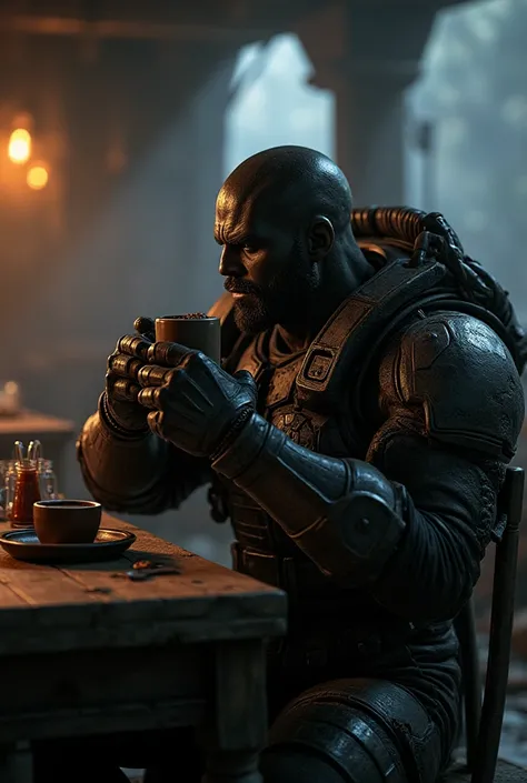 Crie uma cena do Games Gears Of War General Raam tomando cafe