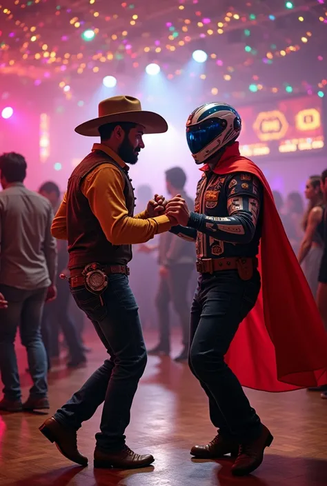  A cowboy in a brown hat and a space patrol in a futuristic costume at a lively carnival ball.  The lounge is filled with colorful confetti , streamers, and bright lights .  The cowboy wears a vest stylized with carnival props ,  while the patrolman has a ...