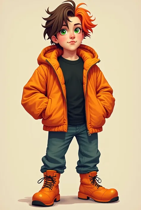 a man, with brown hair and orange locks,  green eyes, He has a black t-shirt and a big orange jacket, with jeans pants and orange chibi style boots