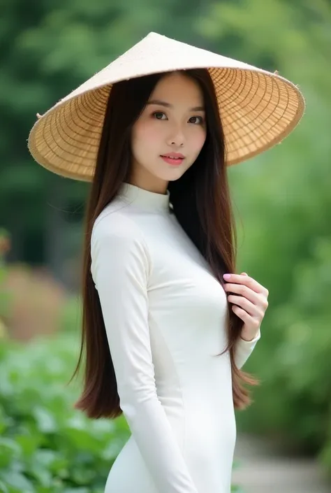 photograph captures a serene and elegant scene featuring a young woman of Asian descent, likely Vietnamese, standing outdoors in a lush, green garden. She has long, straight, dark brown hair that cascades down her back and is adorned with a traditional con...