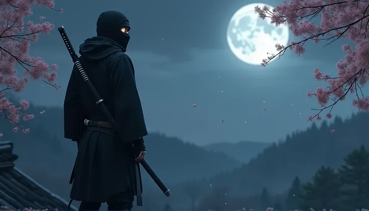 A lone shinobi standing on a moonlit rooftop, surrounded by a dark, foggy forest in the distance. He wears a traditional black ninja outfit with subtle modern armor enhancements, a katana strapped to his back, and a mask covering his face. His piercing eye...