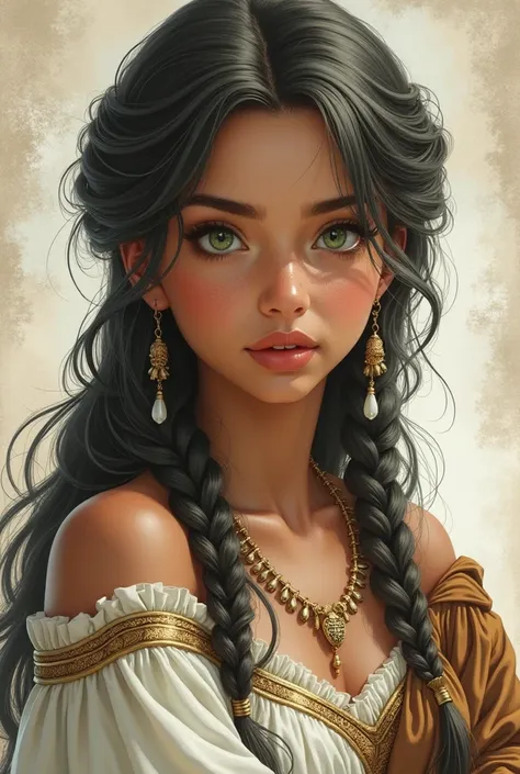  You could create a girl with Greek clothes,  with brown skin,  green eyes , gray and black hair 