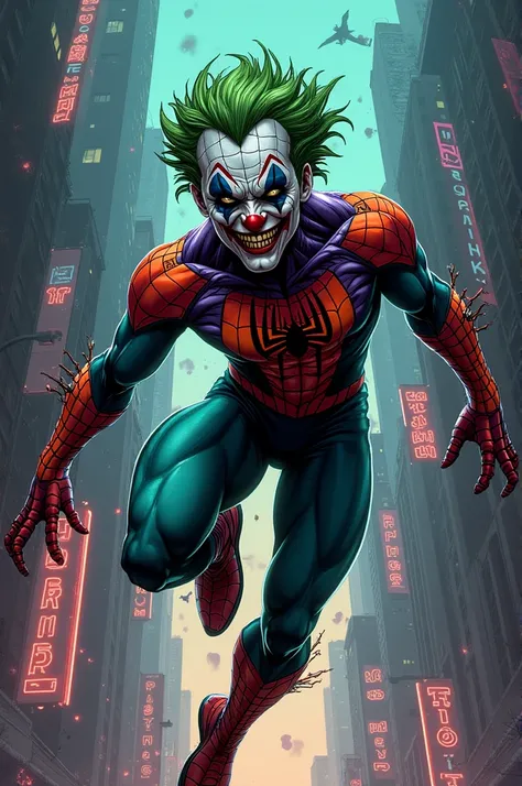  Create me a super hero character with a mix of villains .
 Who are like Spiderman and with bright Joker colors.  Reflecting the smile on the mask 