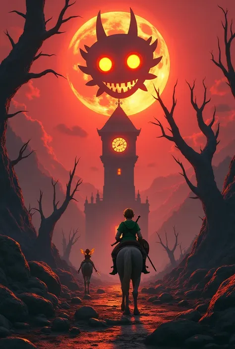 Generate an ultra-realistic live-action rendering of a scene from the dark fantasy game Zelda Majora's Mask depicting the young hero Link riding a horse, looking out over a terrifying, apocalyptic landscape. The hero wears a green robe and wields a sword a...