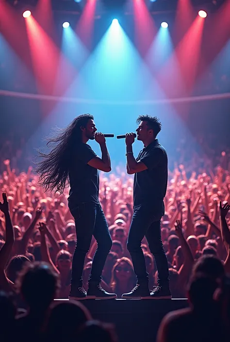 a long hair man with black hair and a short hair man singing in front of many people at a concert. 