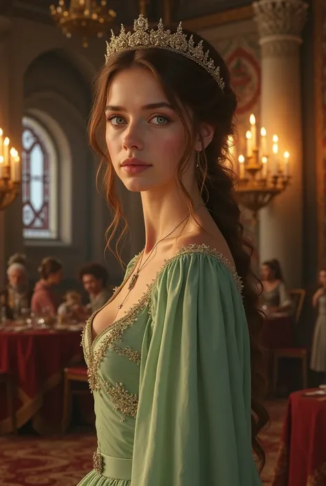 beautiful medieval princess, in medieval feast hall, with medieval crown, light green medieval dress