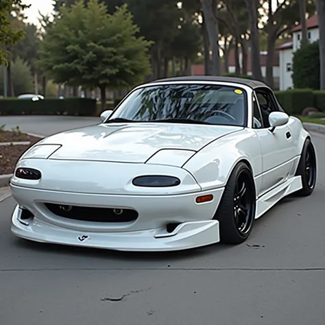 a white 1990 mazda miata with protruding rims, its white hood too, the lights raised