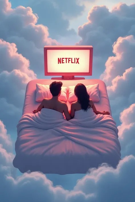 Un couple noir métisses qui regardent Netflix sur un lit sur les nuages et il est écrit "NETFLIX AND CHILL" dans l’écran 