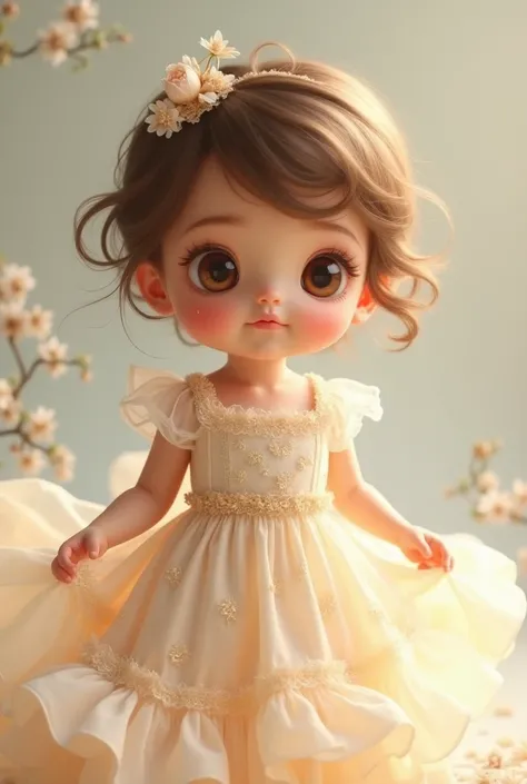 Little baby with light brown skin,  dark blonde short hair ,  brown eyes, small nose, small mouth, little hole in the chin,  with little princess dress  
