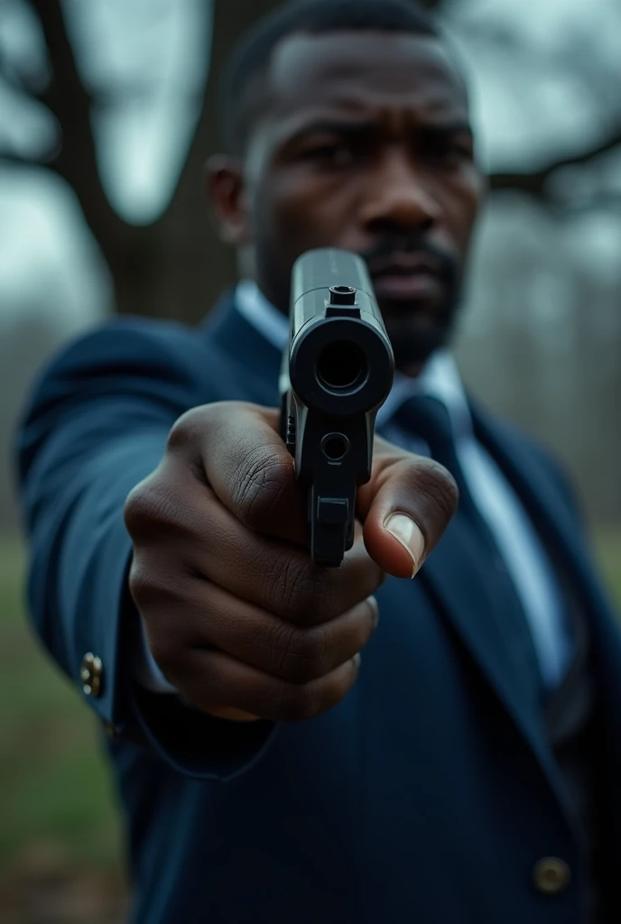 A very close up photo shows only the hand of a black man wearing a navy suit holding a gun in a shooting position.  Rembrandt-style lighting, realistic Canon photography, in the background is a giant tree with branches, with dark blue and gray gradients, 