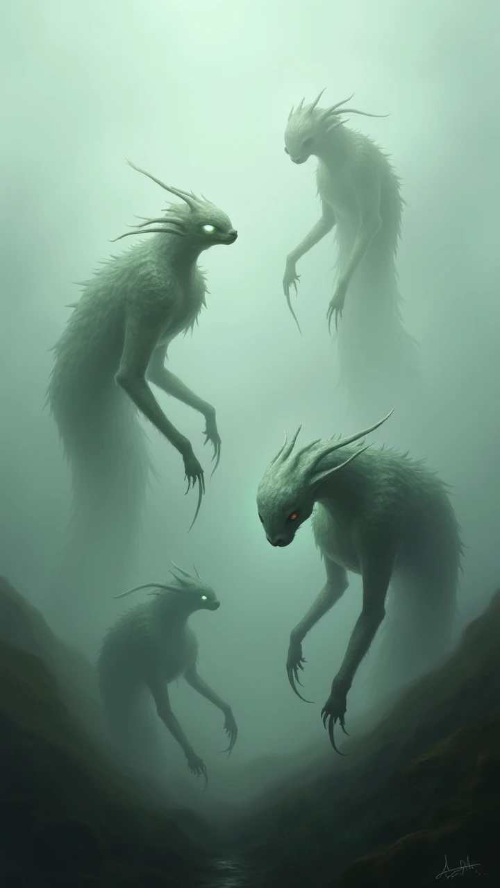 Strange animals in faint fog 