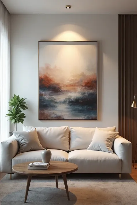 
Single Scene: "A Stunning Artwork"
The opening :
The video begins with a still shot of a modern room with a sleek design, showing an empty wall in the middle, with calm music adding an atmosphere of anticipation.

Canvas Appearance:
shows "40x60 Canvas Ca...