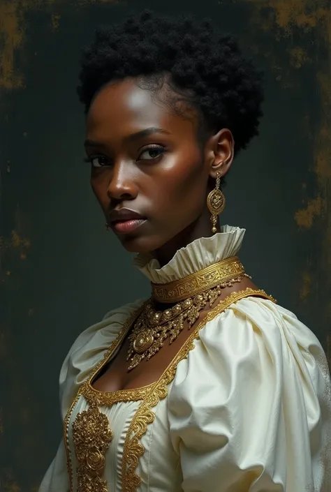 A gothic black woman, with a tight short Afro hair, white clothes with gold detail, the clothes follow a medieval style.