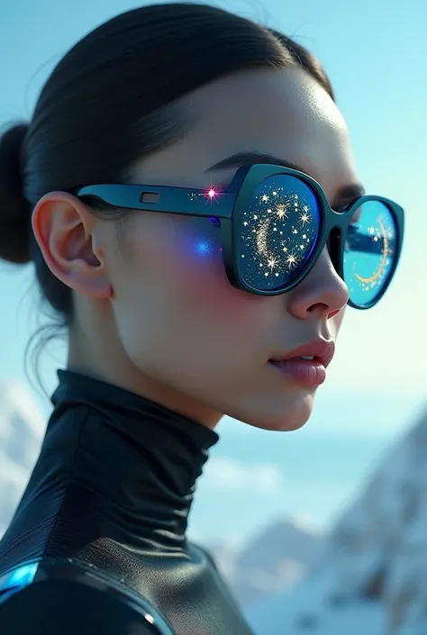 The model is wearing glass sunglasses with stars and the moon on the glass