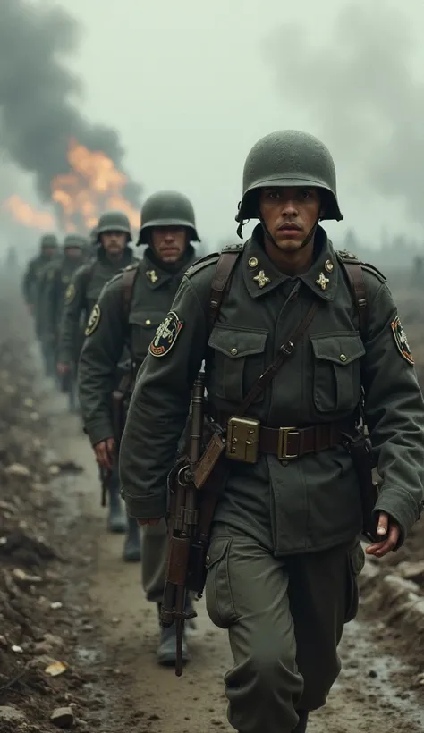  Image of German soldiers advancing on a battlefield, with an unrelenting march and determined faces .