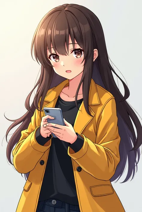 anime girl with long hair and a yellow jacket holding a cell phone, an anime drawing by Kanbun Master, tumblr, vanitas, digital art from danganronpa, official fanart, in the art style of 8 0 s anime, high quality fanart, ufotable art style, [ 4 k digital a...