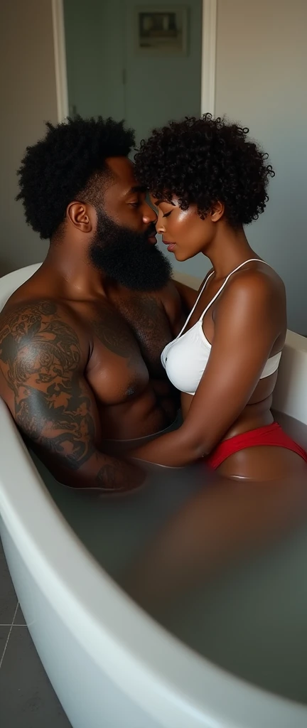 a couple laying in a bathing tub , both are opposite sides ,man is an alpha Tall,very strong, dark black skin big huge muscles rugged dark skin black, bulged american man,having a full, thick careless beard. He has curly, voluminous careless medium hair an...