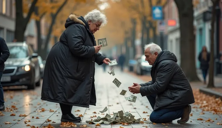 An obese woman,She is throwing money and at her feet a homeless man kneeling begging