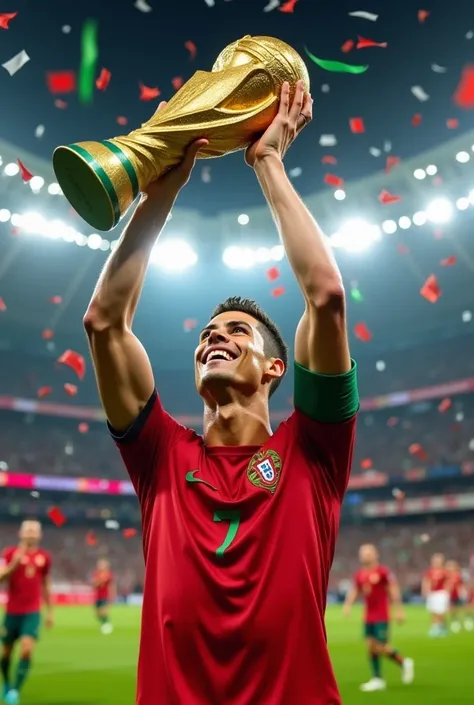 
"Create an image of Cristiano Ronaldo celebrating with the FIFA World Cup trophy. He is standing on a stadium pitch, with confetti falling around him. Ronaldo is wearing the iconic red Portuguese national team jersey with the number 7, his face filled wit...