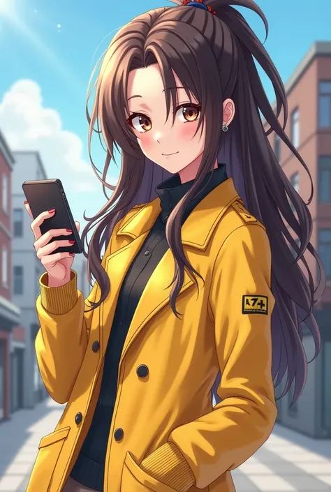 anime girl with long hair and a yellow jacket holding a cell phone, an anime drawing by Kanbun Master, tumblr, vanitas, digital art from danganronpa, official fanart, in the art style of 8 0 s anime, high quality fanart, ufotable art style, [ 4 k digital a...