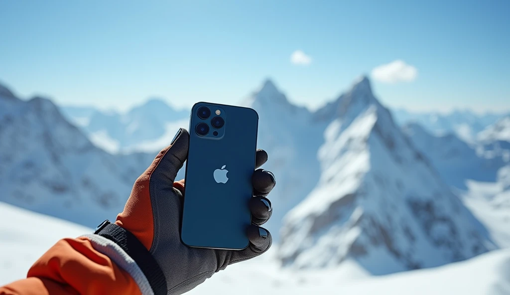  Hyper realistic photography. Close up of a hand with a skier's glove holding an iPhone, in the background is an unfocused snowy mountain, Image of a clear and blue day