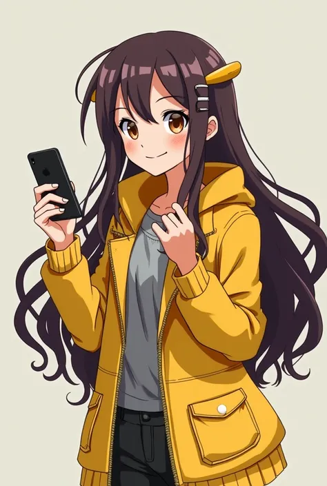 anime girl with long hair and a yellow jacket holding a cell phone, digital art from danganronpa, official fanart, in the art style of 8 0 s anime, high quality fanart, ufotable art style, [ 4 k digital art ]!!, nixeu and sakimichan, danganronpa, 8 0 s ani...