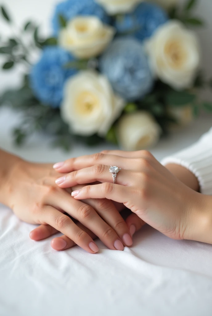 "A close-up of two hands holding each other on a white table, one hand wearing a diamond engagement ring, soft lighting, romantic atmosphere, no visible faces, no visible arms beyond the wrists, a bouquet of blue and white flowers in the blurred background...