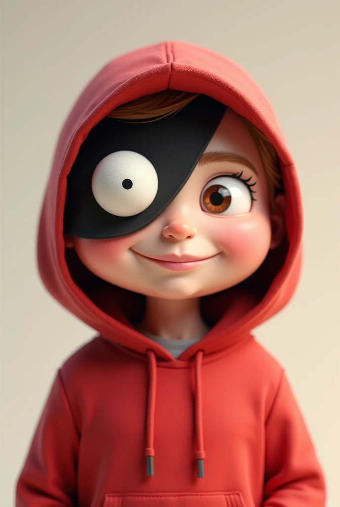 Photo of a fictional cartoon-style character wearing a red hoodie with a cap. On the right eye he wears an eye slap and the left eye is white.  He is looking forward smiling