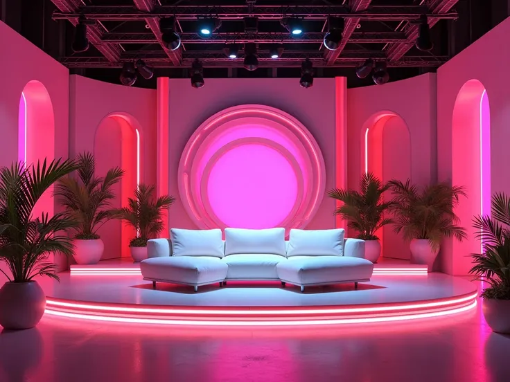 Large television stage where the colors pink, fuchsia and fluorescent yellow predominate with neon tones and a large white sofa in the center Very good lighting, and more decoration, wider 