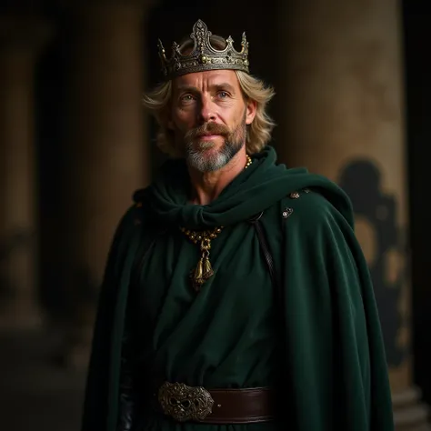 Man standing,  with hands behind back,  looking at something, 49 years old,  brand, with expression lines ,  brown eyes , gentle smile, Blonde hair with ribs and king's crown. with dark green medieval clothing with a black belt and majestic cloak. Well-lit...