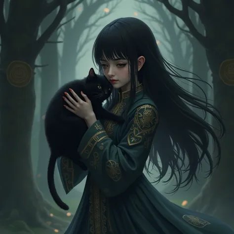 Kuroneko　 Wizard　 a girl with black hair　 wearing a dress　Kuronekoを抱いている