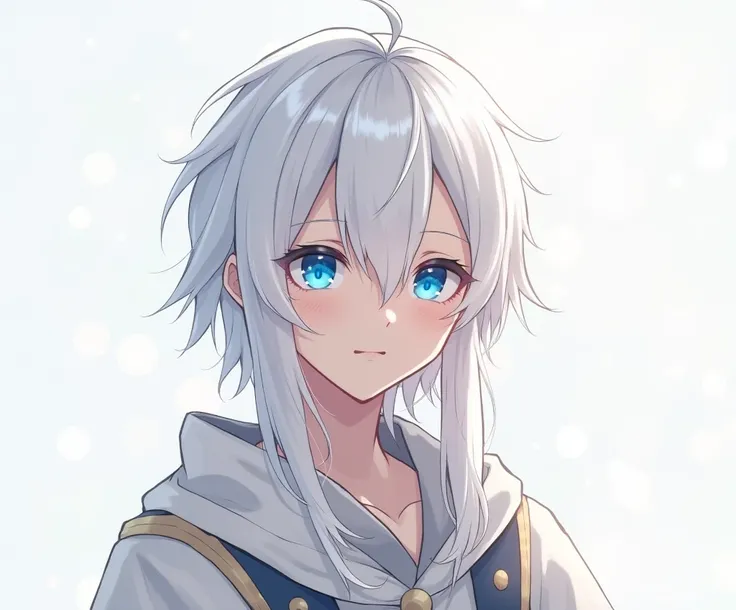 " A 15-year-old male anime character ,  with a striking and angelic appearance . He has albino skin ,  long white hair , smooth and loose,  that falls elegantly around his face . Their eyes have blue pupils that convey a mysterious and attractive air.  The...