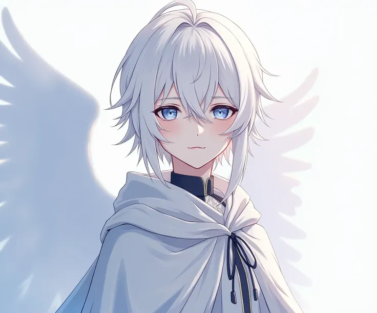 " A 15-year-old male anime character ,  with a striking and angelic appearance . He has albino skin ,  long white hair , smooth and loose,  that falls elegantly around his face . Their eyes have blue pupils that convey a mysterious and attractive air.  The...