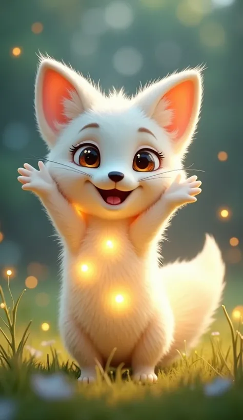 Cute snow fox cartoon 3D arms raised cheerful eyes looking at viewer standing made of fireflies glowing gently meadow background grass waving 4k detailed texture natural glow.