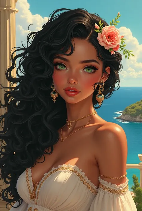  You could create a girl with Greek clothes,  with brown skin,  green eyes , long black curly hair anime style.
